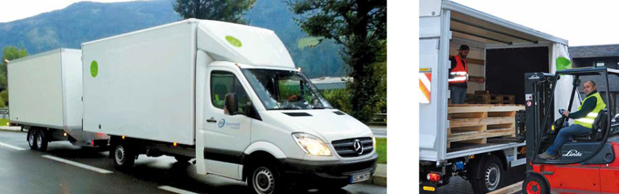 Sprinter mit Kofferanhänger auf der Straße und Beladung eines Transporters mit einem Gabelstapler